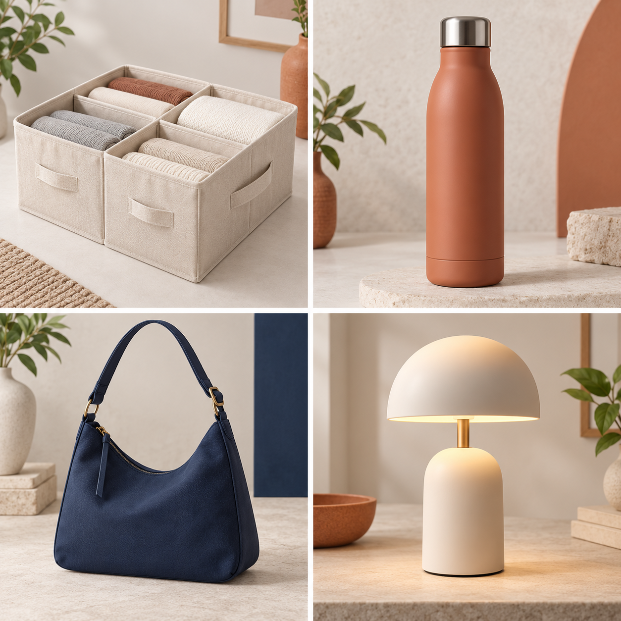 Selección de productos de APONTE SHOP: organizador, botella térmica, bolso y lámpara